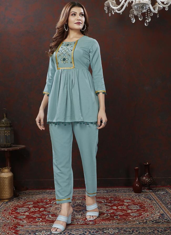 Maaza Cotton Sky Blue Casual Wear Embroidery Work Cord Set